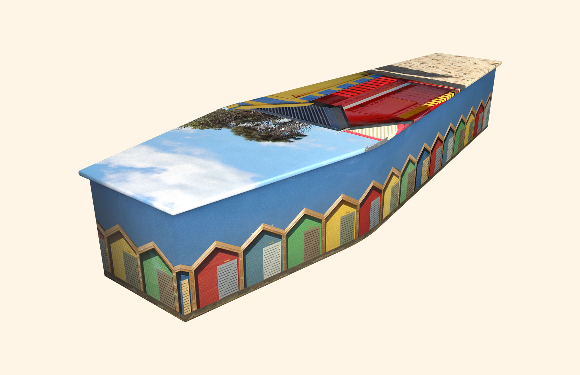 Beach Huts design on a traditional coffin